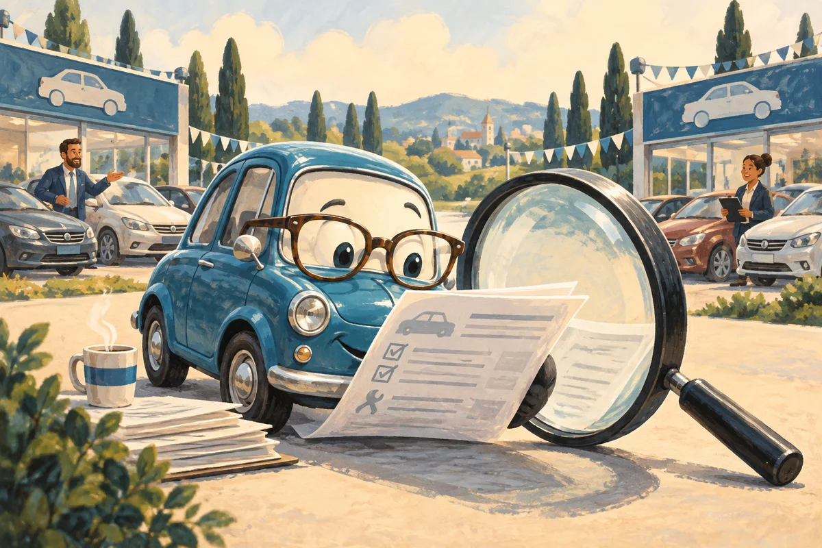 A small used car wears reading glasses and studies its own paperwork while a magnifying glass is comically larger than its wheel.